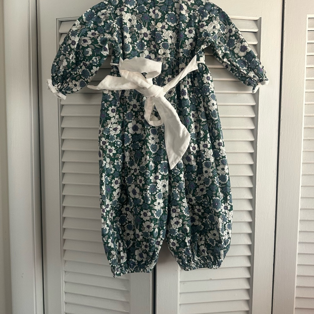Smocked Floral Kids Romper in Green and White - Picture 6 of 9